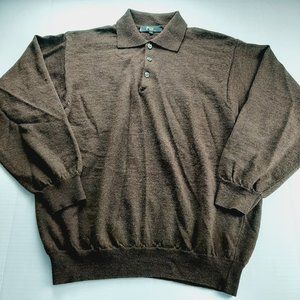 Fiii Men's Pullover Sweater Size Medium Brown Wool Knit Three Button Collared